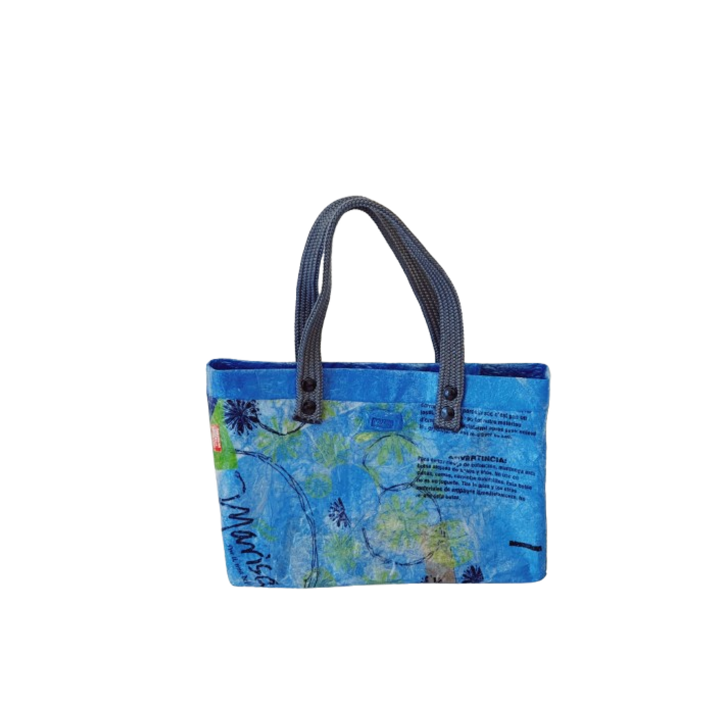 Bolsón Blue Pattern w/ Text & Gray Handle
